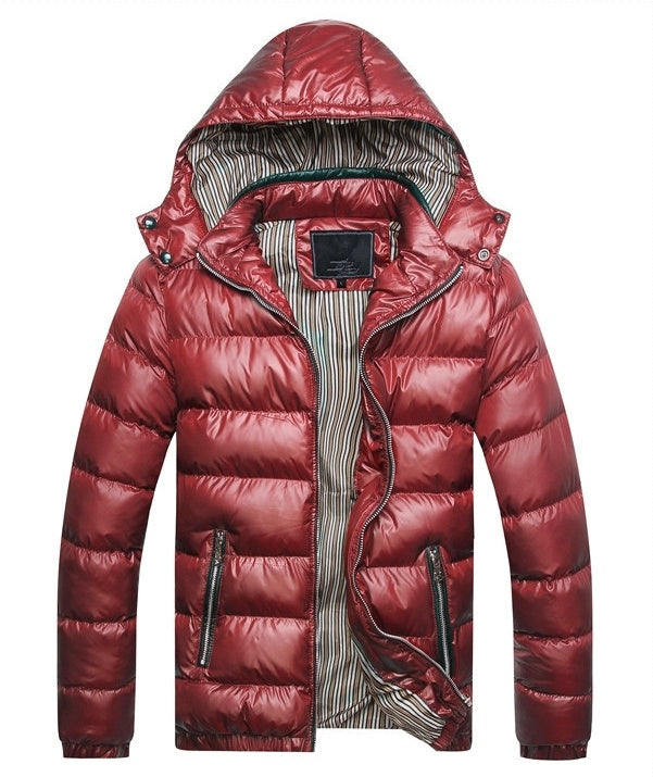 Men's Ribbed Solid Color Winter Puffer Hooded Jacket