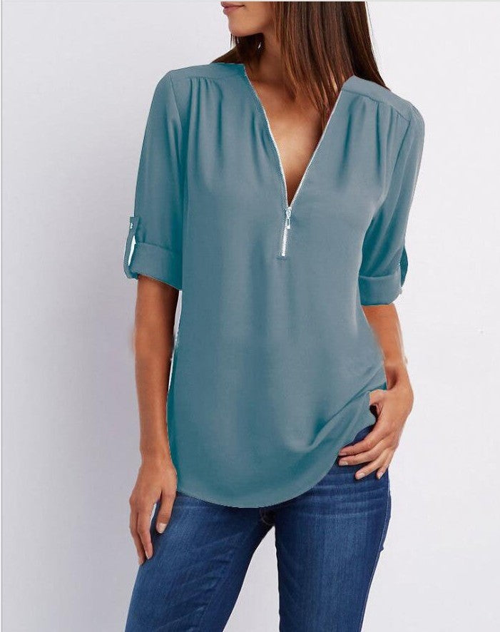 Solid Color V-Neck Short Sleeve Women's Zipper Shirt to 5X Plus Size