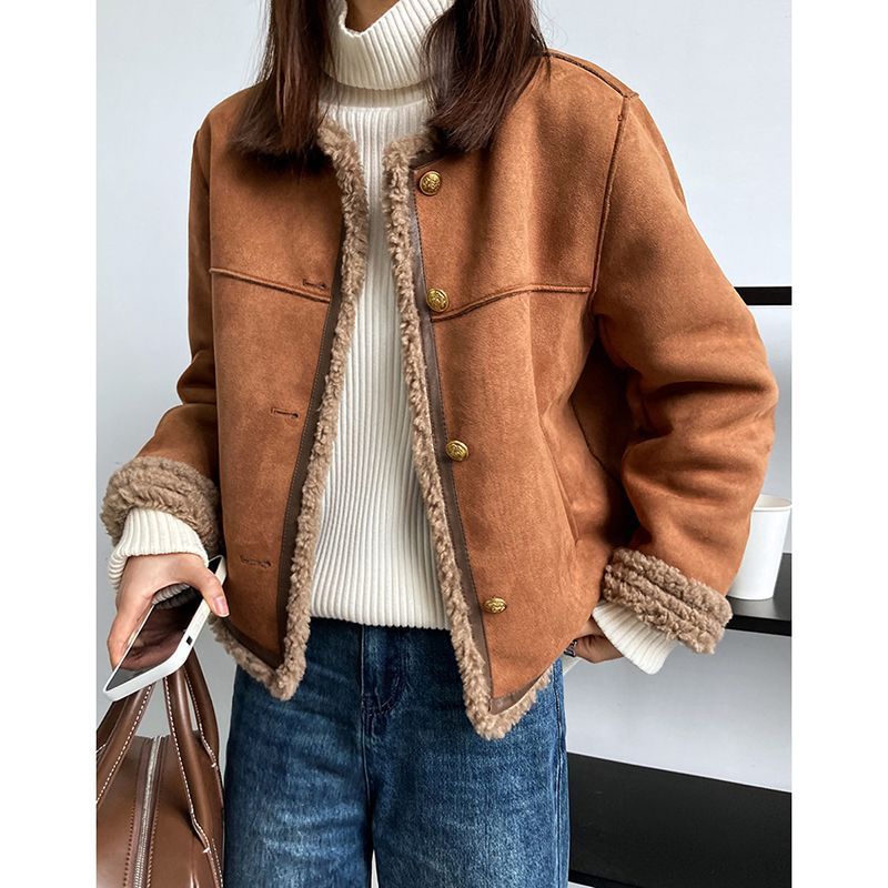 Lamb Faux Fur Plush Fleece Lined  Mandarin Collar Women's Button-Up Jacket