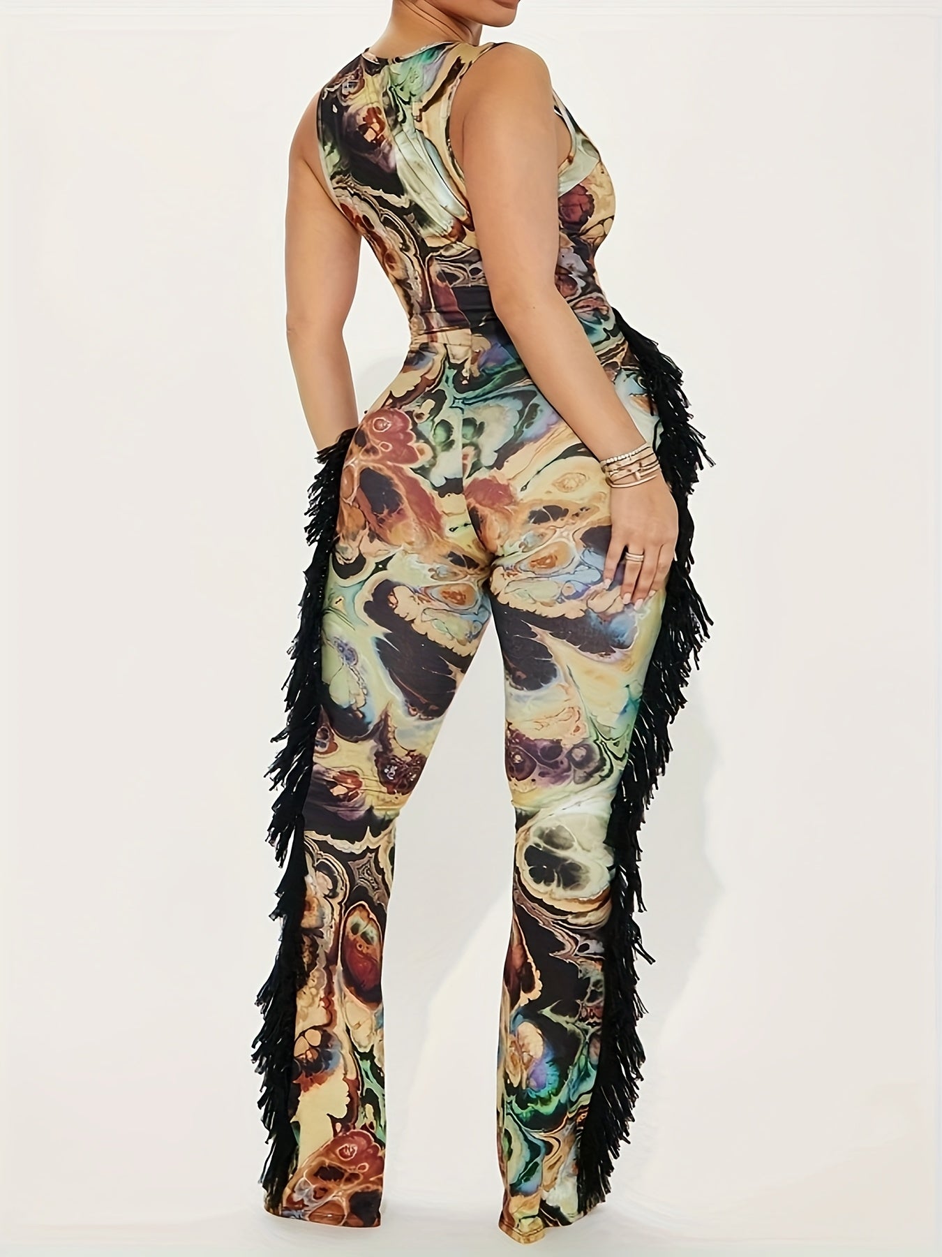 Tassel Fringe Design Sleeveless Flower Print Women's V-Neck Fringe Detail Ruffled Hem Jumpsuit