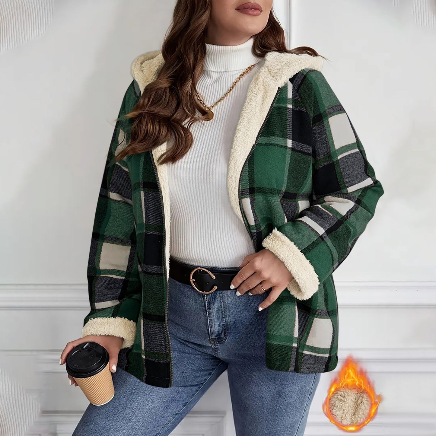 Plaid Print Fleece Lined Thick Women's Hoodie Jacket