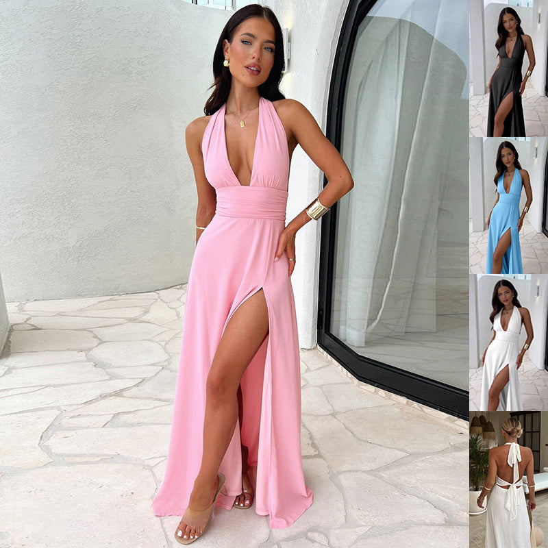 Sleeveless Halter Deep V-Neck High Slit Backless Adjustable Strap Temperament Bridesmaid/Prom Maxi Dress