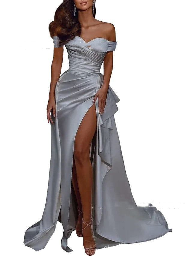Oversized Ruched Ruffled Off-the-Shoulder High Slit Floor-Length Evening Gown Maxi Formal Party Dress to 20W Plus Size