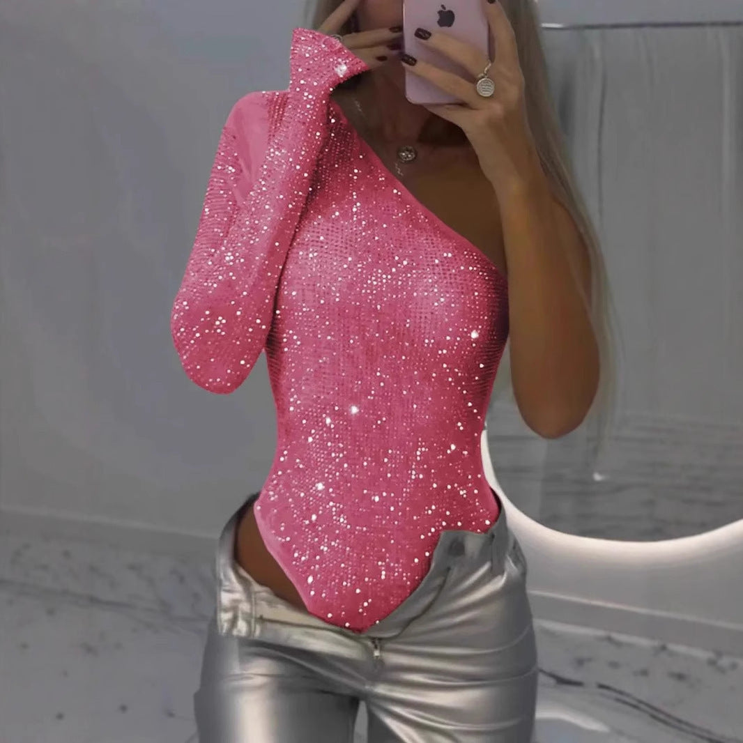Sparkling Glitter One Shoulder Rhinestone Sequin Women's Asymmetrical Top to 3X Plus Size