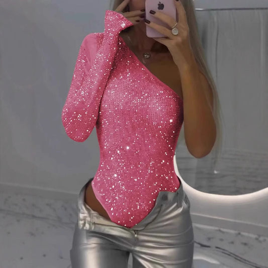 Sparkling Glitter One Shoulder Rhinestone Sequin Women's Asymmetrical Top to 3X Plus Size