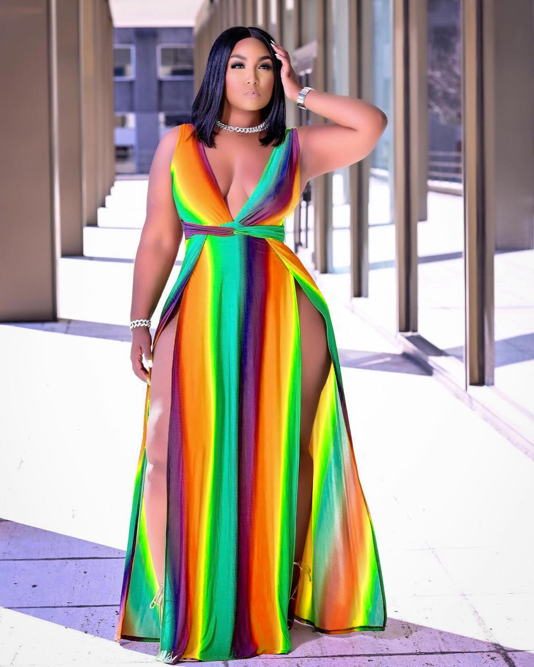 Rainbow Striped Multicolor Big Swing V-Neck Sleeveless Spaghetti Strap Double High Side Slit Maxi Sundress to 5X Plus Size