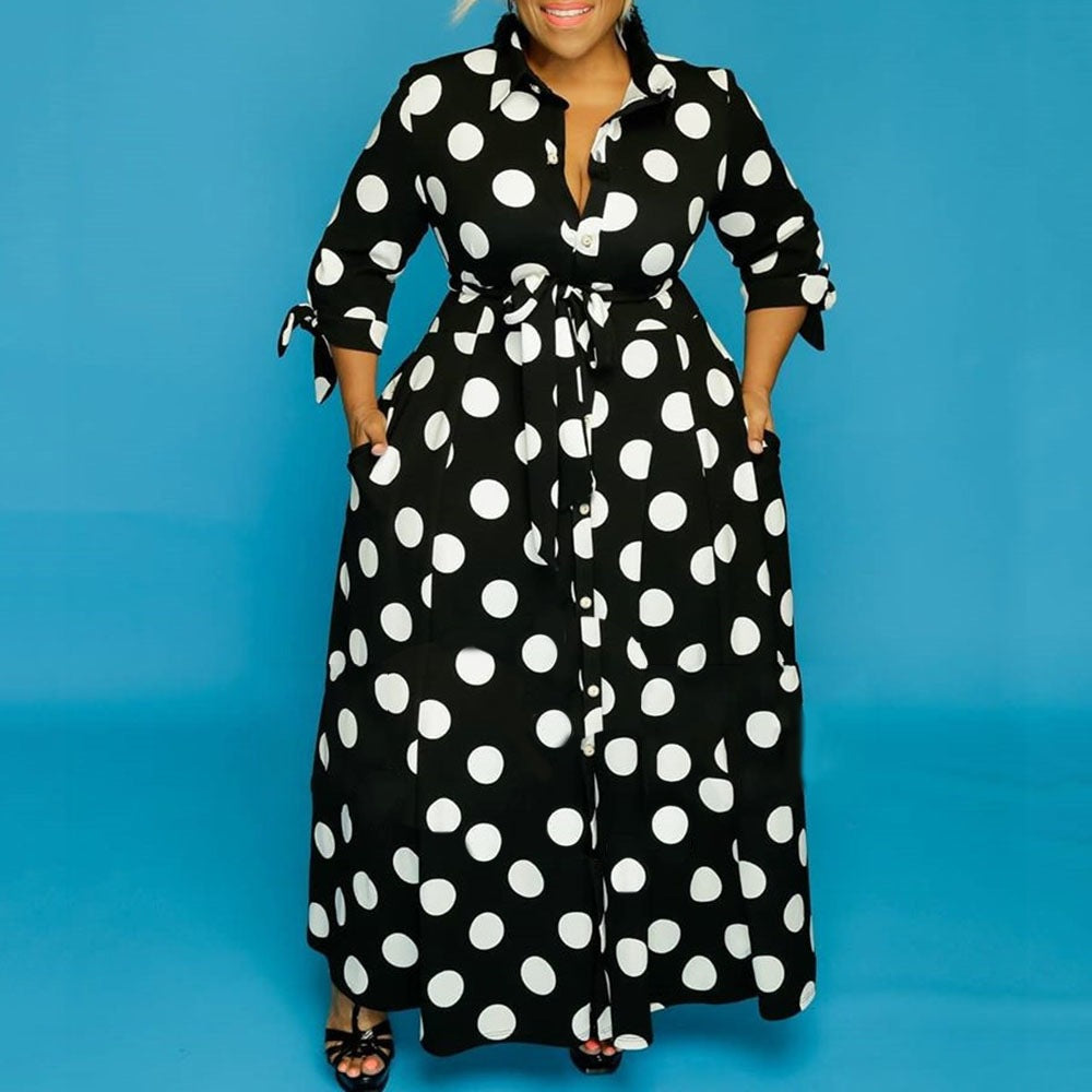 Polka Dot Print Button-Up Long Sleeve Maxi Dress w/ Sash Belt to 7X Plus Size