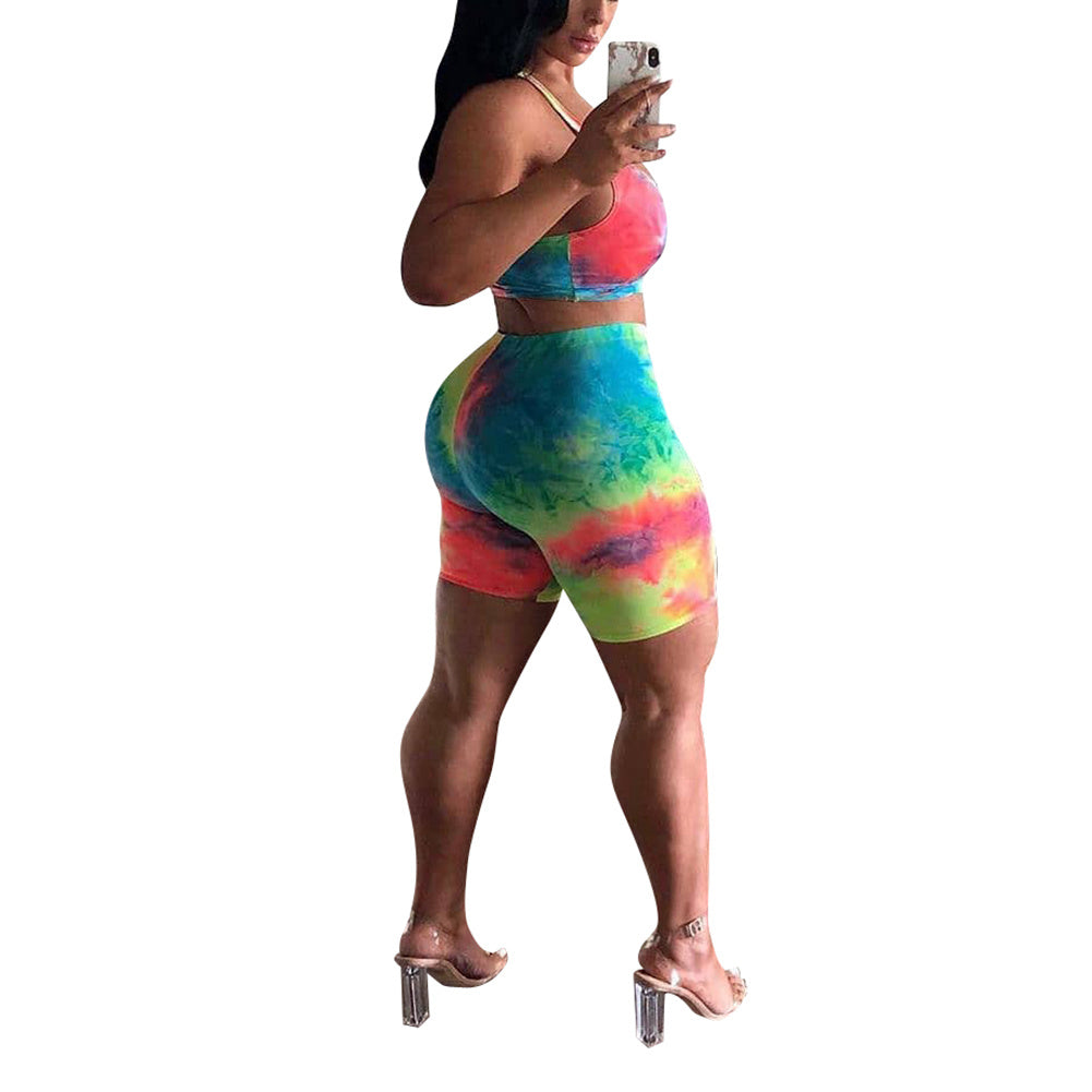Pastel Tie-Dye Sleeveless Crop Tank Top + Biker Shorts 2-Piece Set