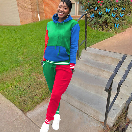 Colorblock Red/Blue/Green Women's Casual Sports Hoodie Sweatshirt + 2-Tone Jogger Sweatpants 2-Piece Tracksuit