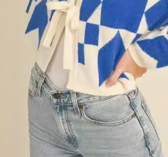 Geometric Pattern Lace-Up Cardigan Long Sleeve Women's Sweater