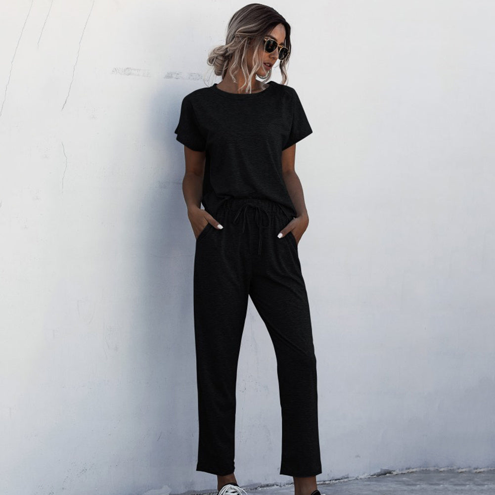 Round Neck Solid Color Short Sleeve Women's T-Shirt + Casual Pants 2-Piece Set to 3X Plus Size