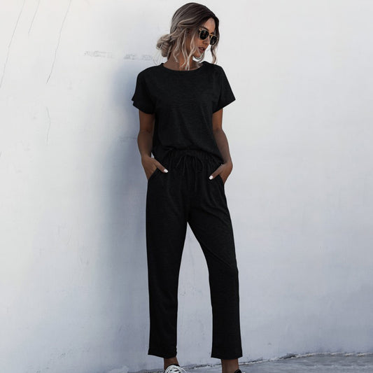 Round Neck Solid Color Short Sleeve Women's T-Shirt + Casual Pants 2-Piece Set to 3X Plus Size