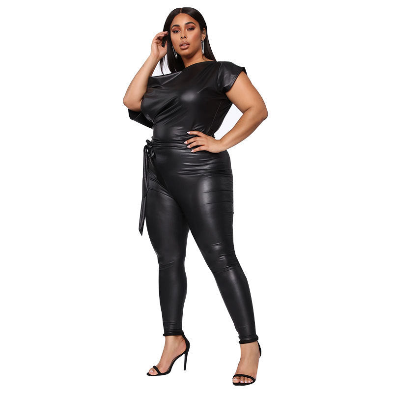 Black PU Leather Women's Off-the-Shoulder Jumpsuit