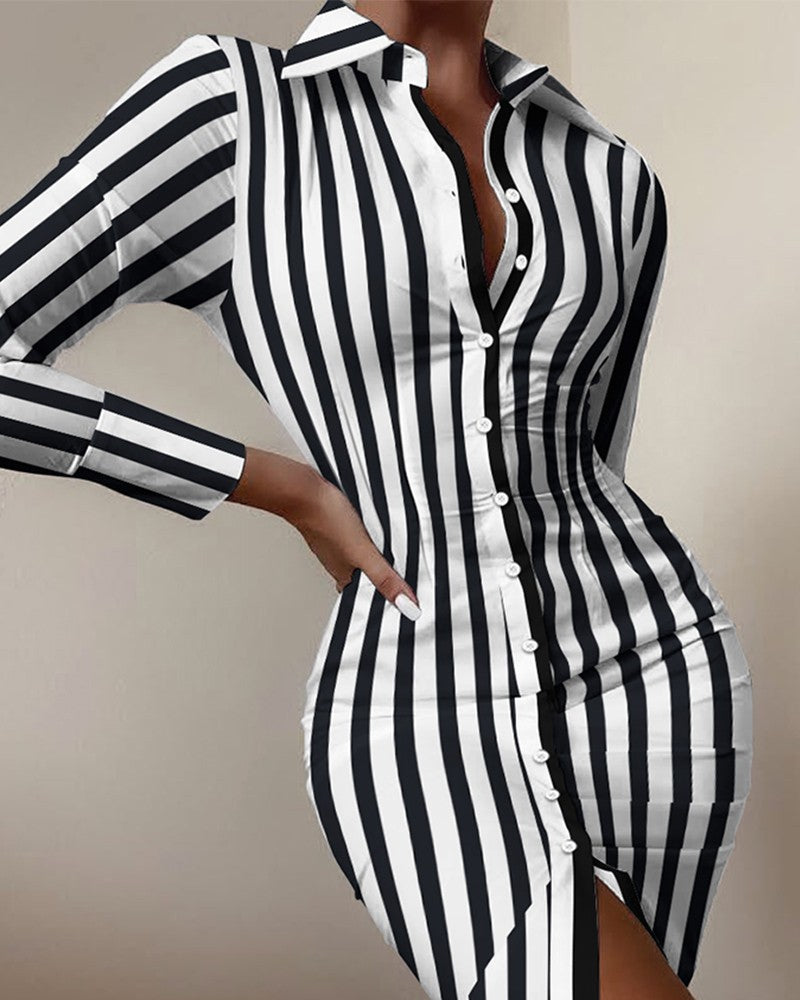 Floral/Striped/Baroque/ Geometric/Colorblock Button-Up Long Sleeve Turn-Down Collar Shirt Dress