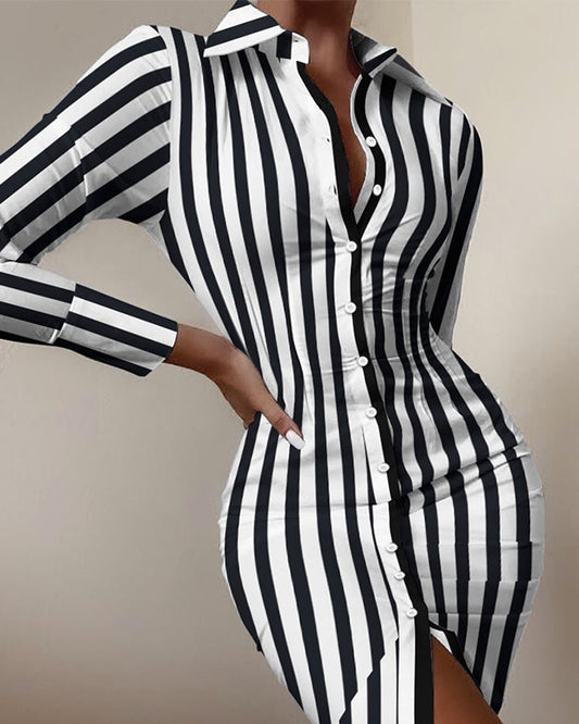 Floral/Striped/Baroque/ Geometric/Colorblock Button-Up Long Sleeve Turn-Down Collar Shirt Dress