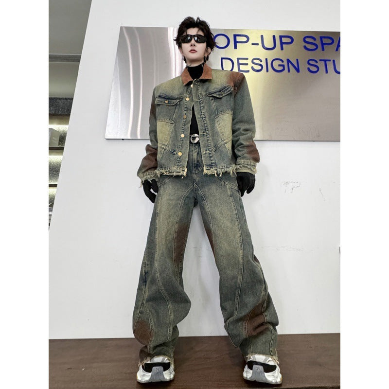 Men's Faded Denim Colorblock Jean Jacket + Wide Leg Loose Jeans Set