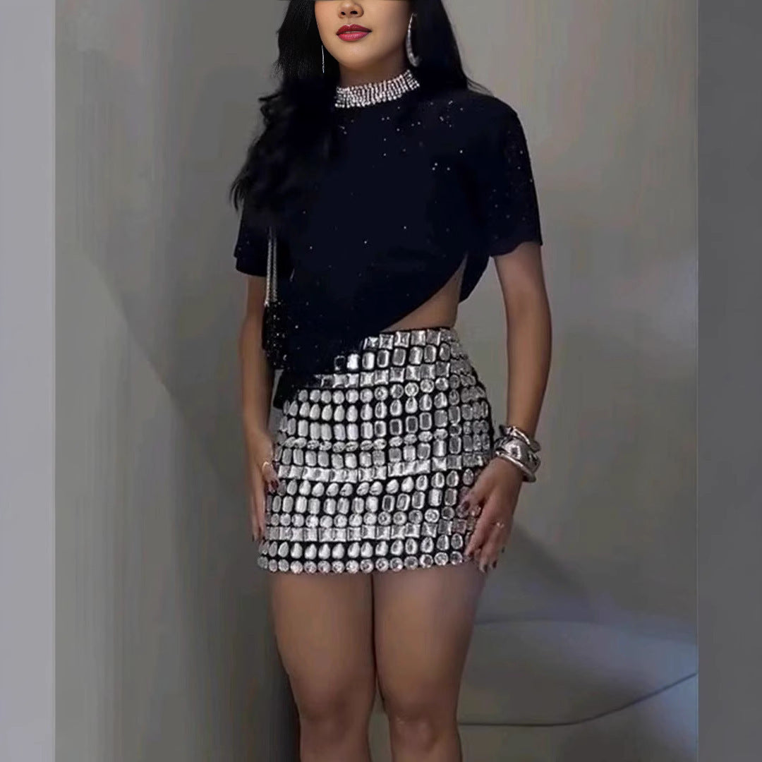 Rhinestone Diagonal Irregular Short Sleeve Mock Neck Top + Embellished Mini Skirt Women's 2-Piece Set to 3X Plus Size