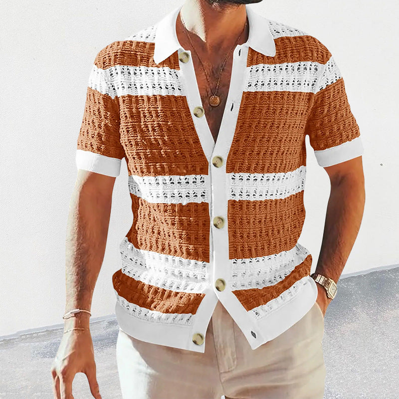 Men's English Knitted Crochet Striped Button-Up Short Sleeve Beach Polo Shirt