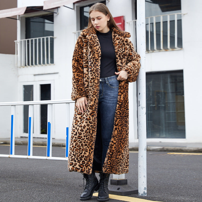 Faux Fur Leopard Print Turn-Down Collar  Women's Trenchcoat to 3X Plus Size