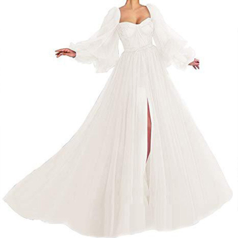 Oversized Mesh Sheer Transparent Over-the-Knee Long Sleeve Big Swing High Slit Maxi Dress