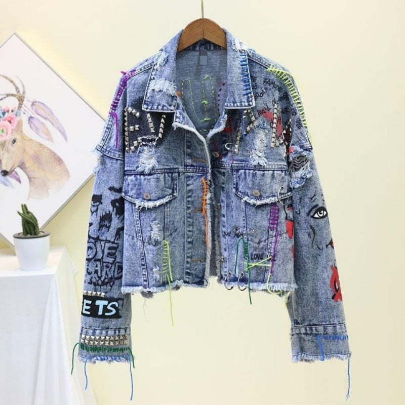 Faded Denim Studded Graffiti Print Ripped Fringe Embroidered Hip-Hop Streetwear Women's Crop Jean Jacket