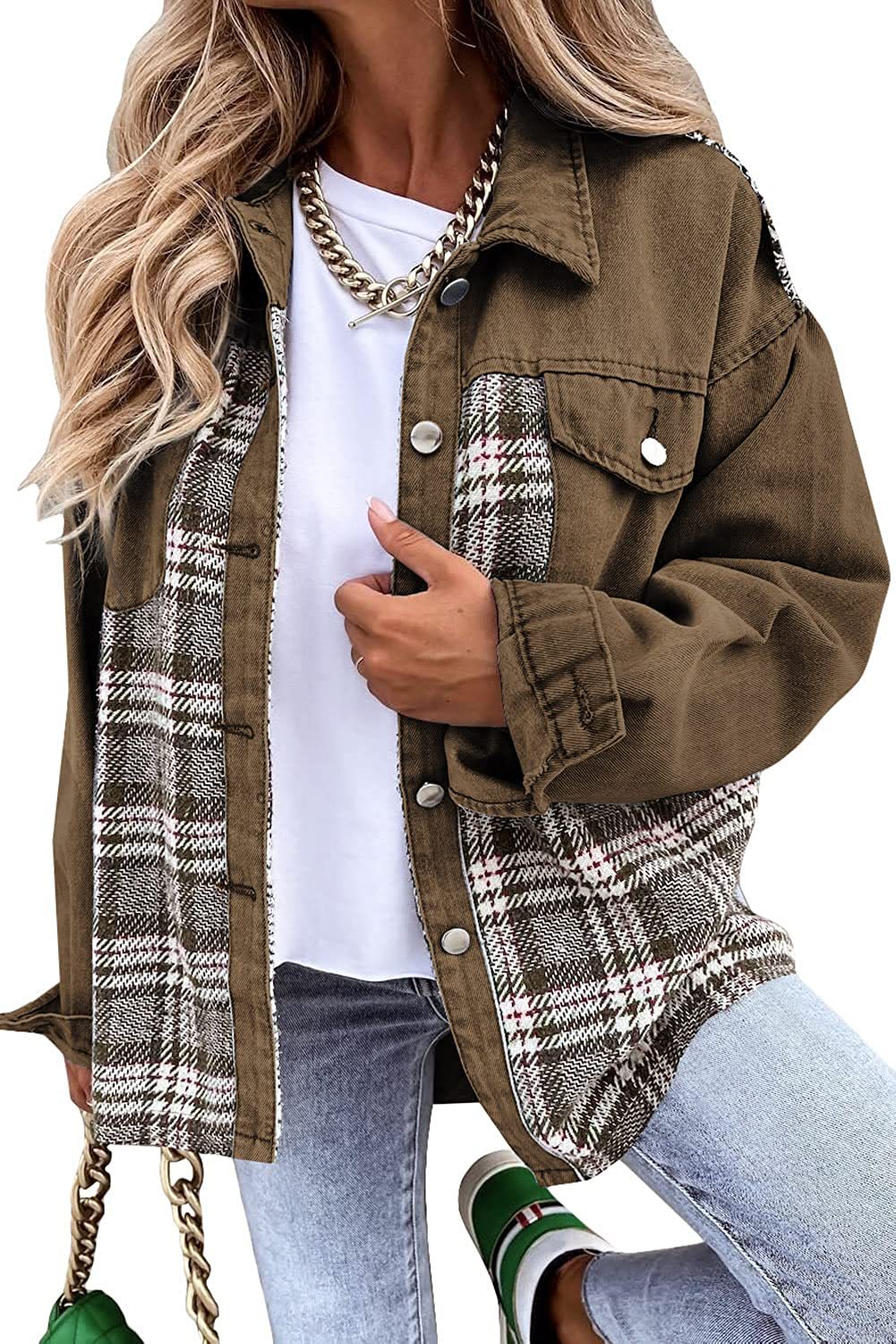 Denim Plaid Colorblock Print Long Sleeve Button-Up Women's Jean Shirt