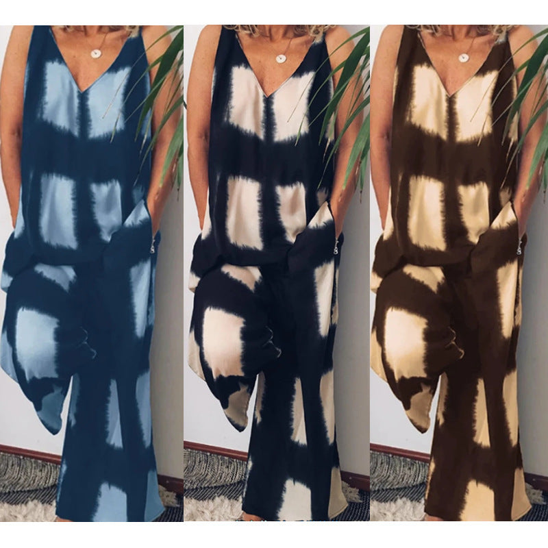 Sleeveless Colorblock Geometric Print Cotton Hemp V-Neck Pocketed Women's Jumpsuit to 3X Plus Size