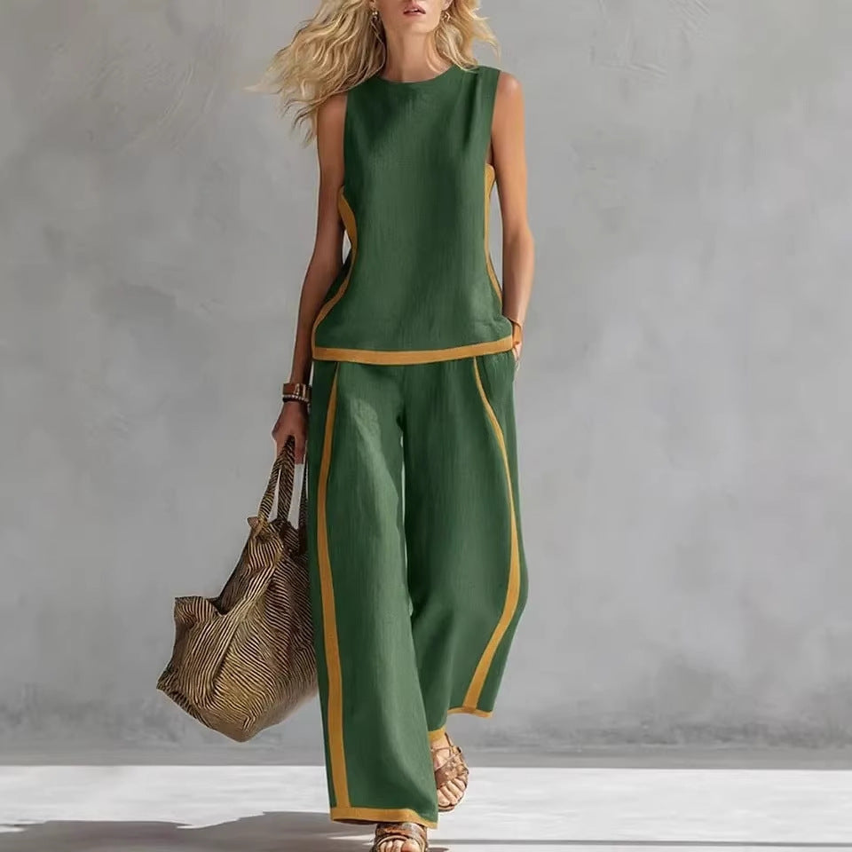 Side Striped Sleeveless Women's Top + High Waist Loose Wide Leg Pants 2-Piece Set to 3X Plus Size