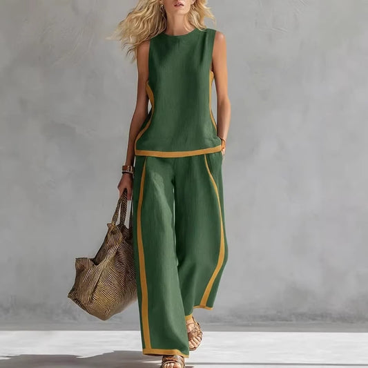 Side Striped Sleeveless Women's Top + High Waist Loose Wide Leg Pants 2-Piece Set to 3X Plus Size