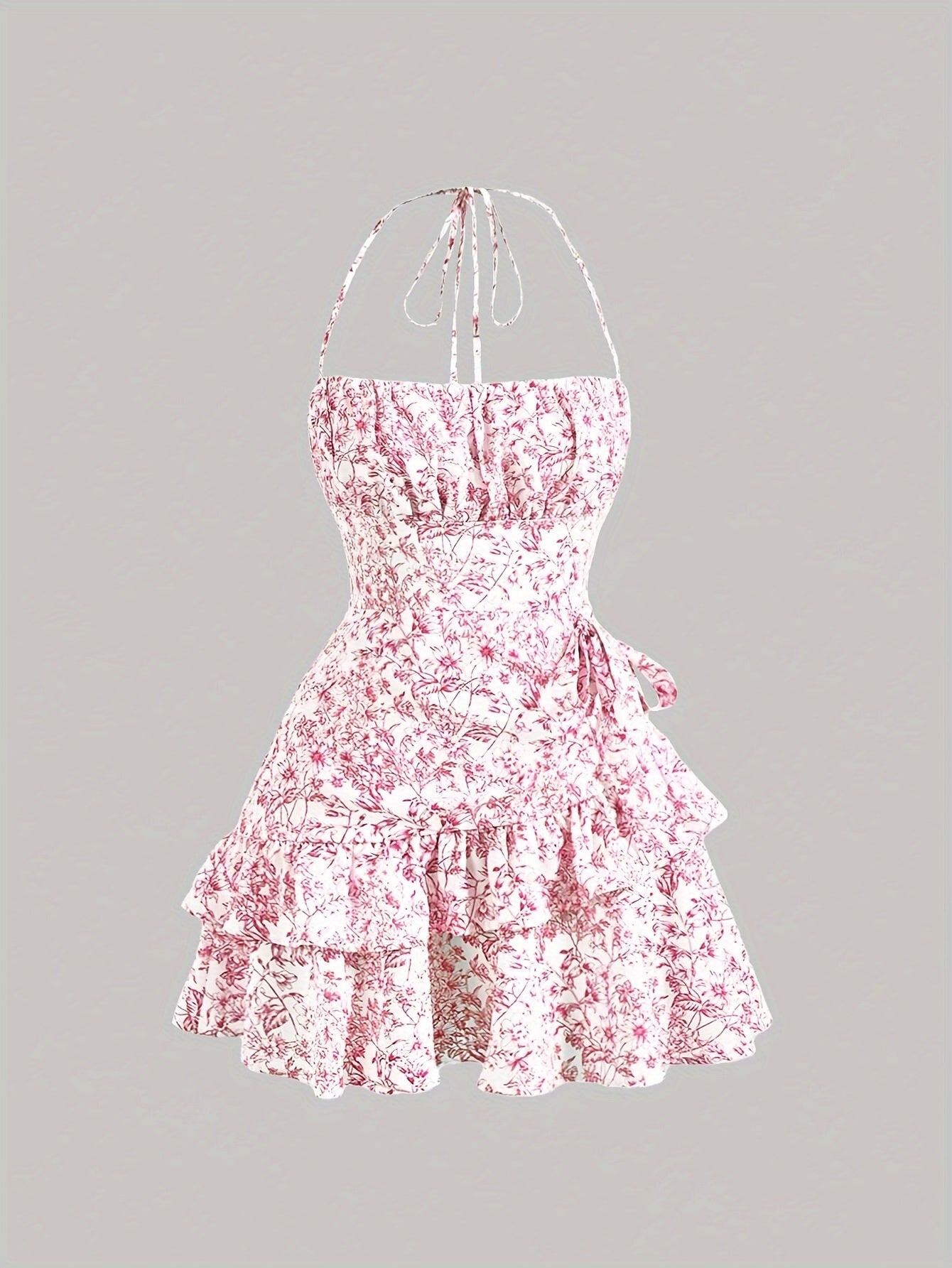 Floral Print Layered Ruffled Hem Halter Sleeveless Mini Dress
