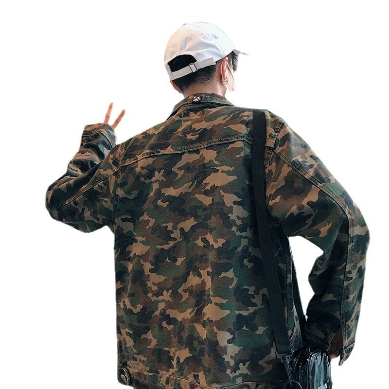 Men's Denim Hip-Hop Camoflauge/Hemp Flower Print Cargo Multi-Pocketed Jean Jacket to 4X Big & Tall