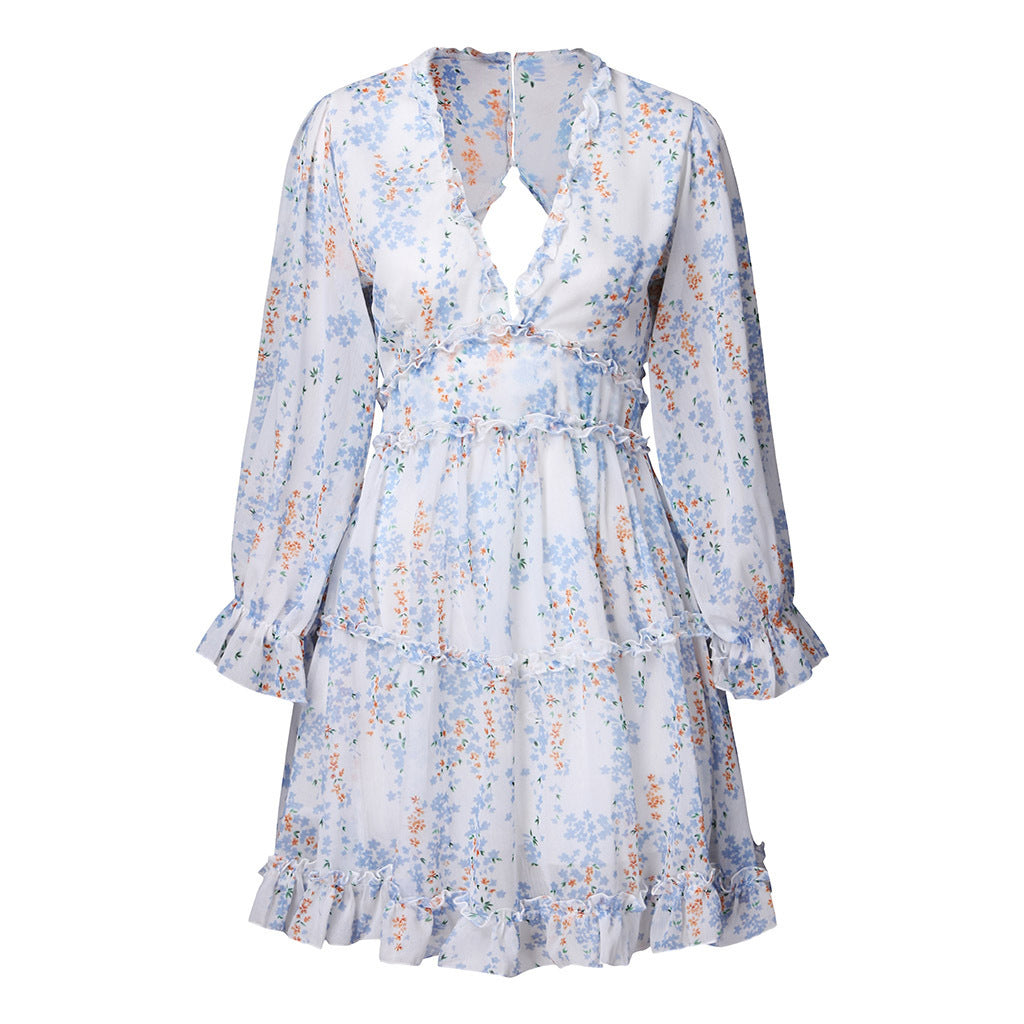 Bohemian Floral Print Ruffled Deep V-Neck Long Puff Sleeve Mini Dress