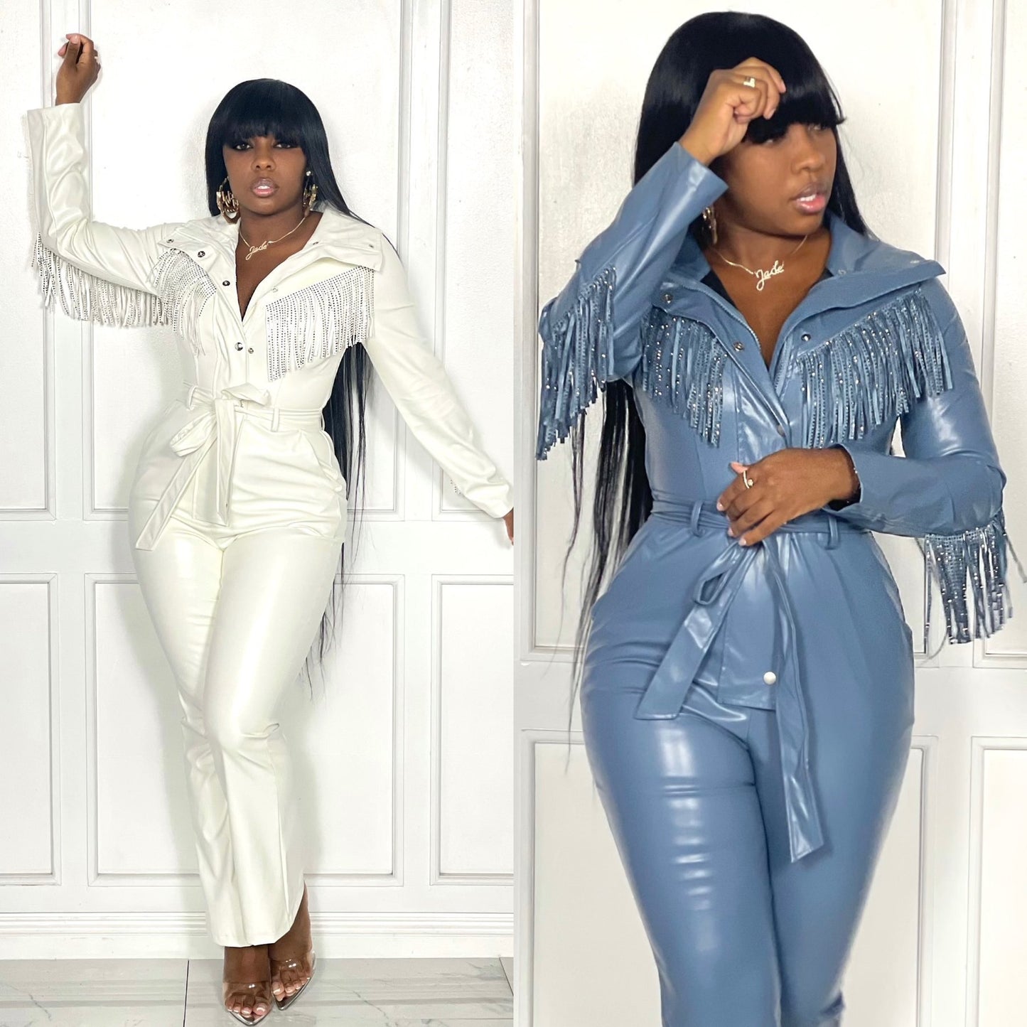 Fringe Tassel Skinny Western Faux Leather Long Sleeve Jumpsuit to 5X Plus Size