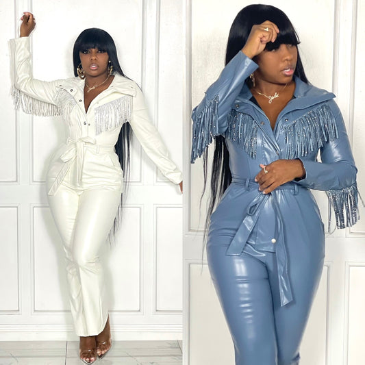 Fringe Tassel Skinny Western Faux Leather Long Sleeve Jumpsuit to 5X Plus Size
