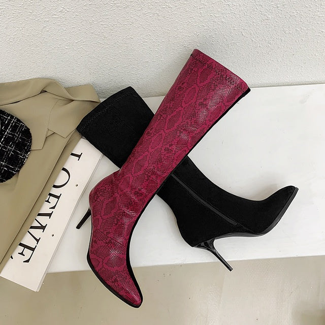 Snakeskin Colorblock Print Women's Stiletto Heel Pointed Toe Boots