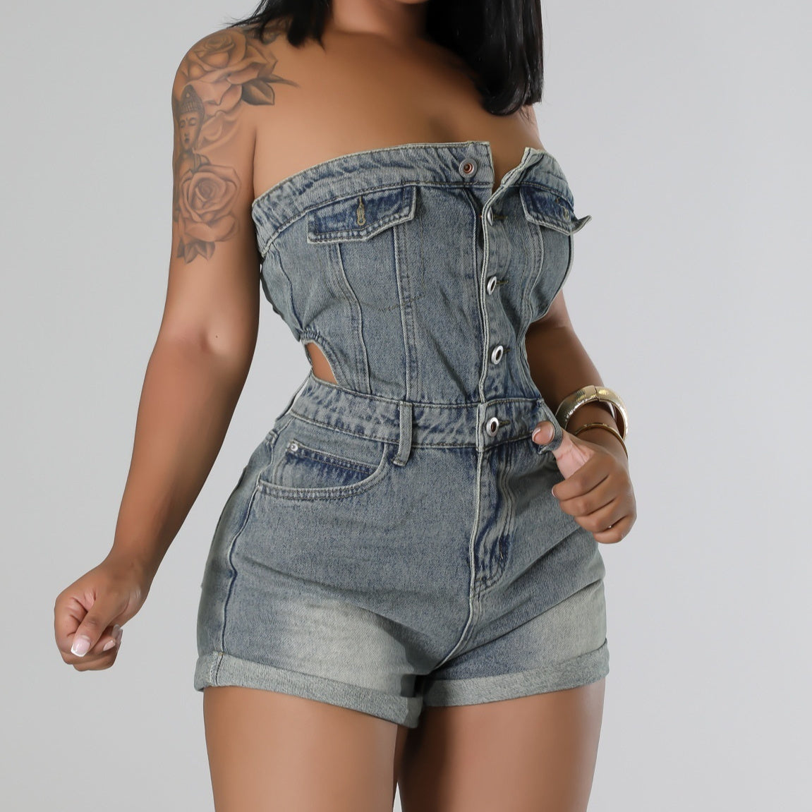 Denim Faded Grey Button-Up Women's Tube Top Jean Mini Shorts Romper