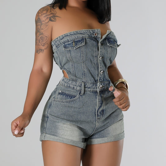 Denim Faded Grey Button-Up Women's Tube Top Jean Mini Shorts Romper