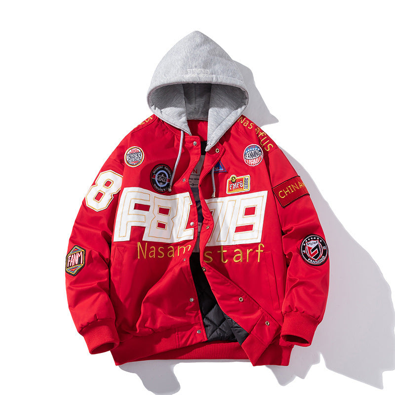 Unisex Patchwork Letter Print O-Neck Zipper Hip-Hop Baseball Bomber Jacket w/ Detachable Hood