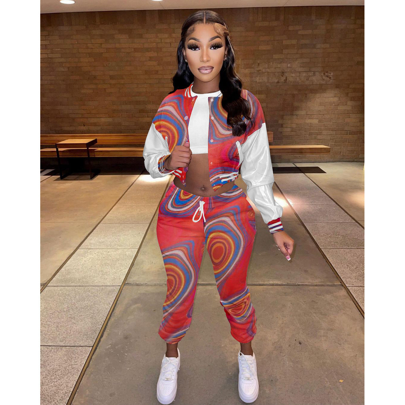 Geometric Colorblock Print Women's Cropped Baseball Bomber Jacket + Drawstring Bodycon Sweatpants 2-Piece Set