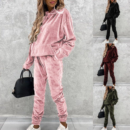 Velvet Pocketed Solid Color Women's Pullover Hoodie Sweatshirt + Sweatpants Tracksuit