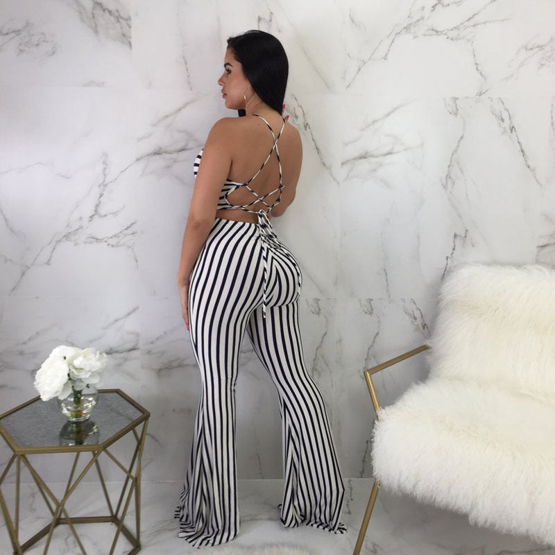 Striped Sleeveless Backless Bodycon Skin Tight Jumpsuit