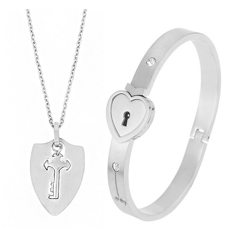 Titanium Sparkling Steel Couple Love Lock Chain Necklace + Bracelet Key Set