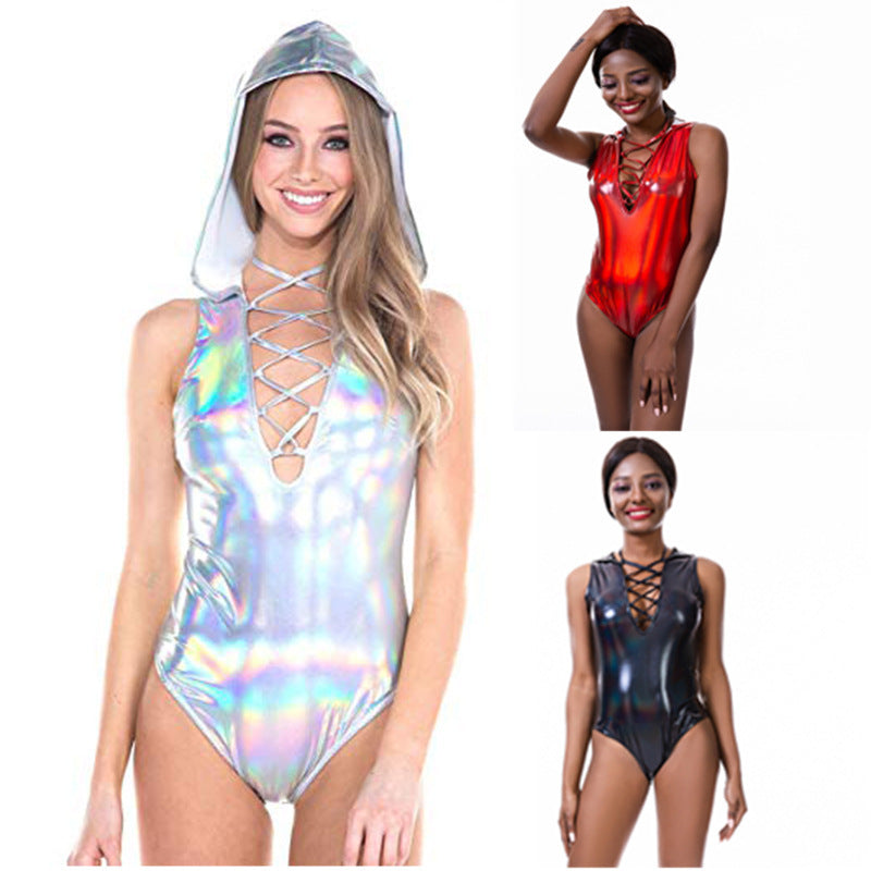 Metallic Women's Faux Leather Criss-Cross Hollow-Out V-Neck Swimsuit