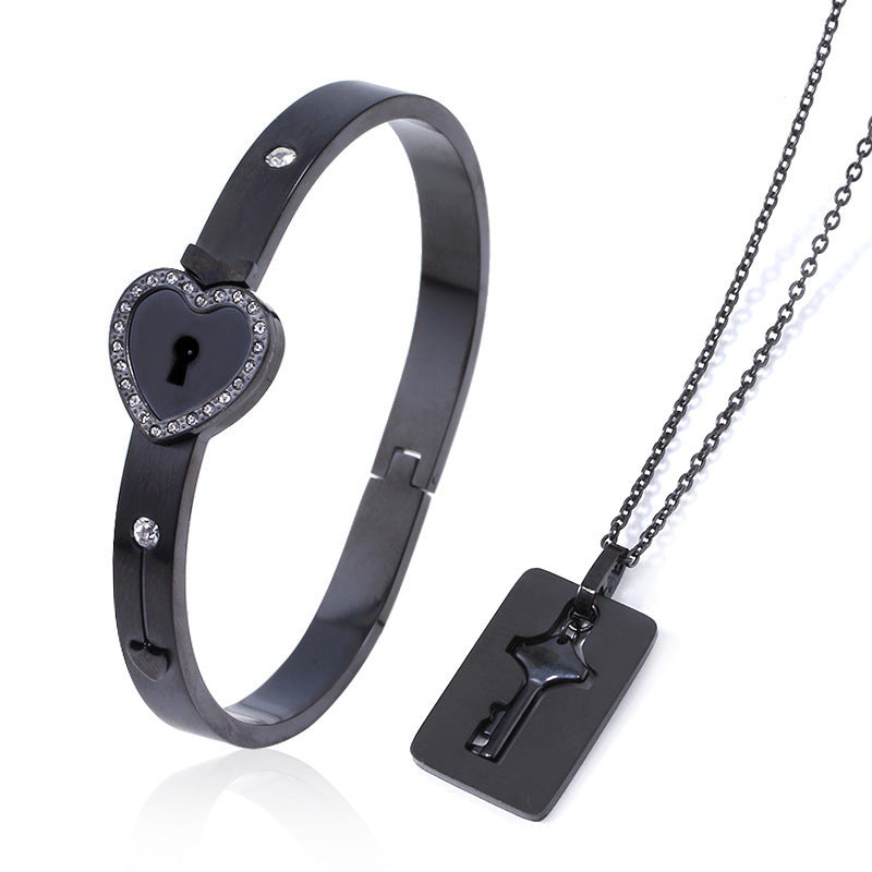 Titanium Sparkling Steel Couple Love Lock Chain Necklace + Bracelet Key Set