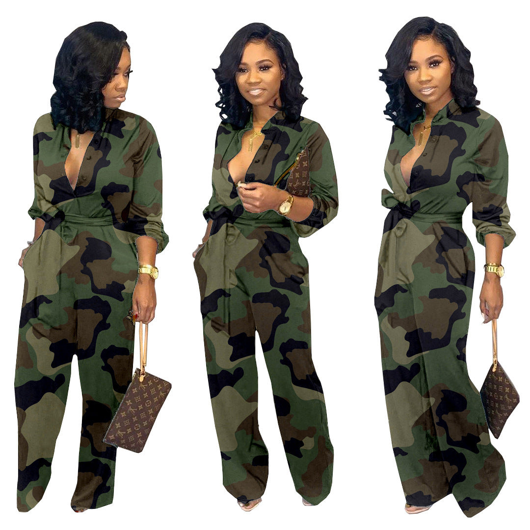 Camoflauge V-Neck Long Sleeve Women's Wide Leg Jumpsuit