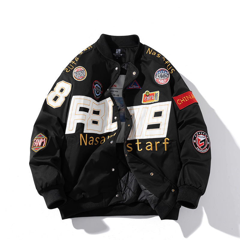Unisex Patchwork Letter Print O-Neck Zipper Hip-Hop Baseball Bomber Jacket w/ Detachable Hood