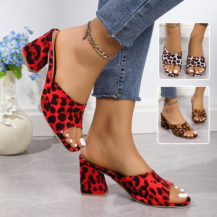 Leopard Print Open Toe Square Chunky Heel Women's Sandals