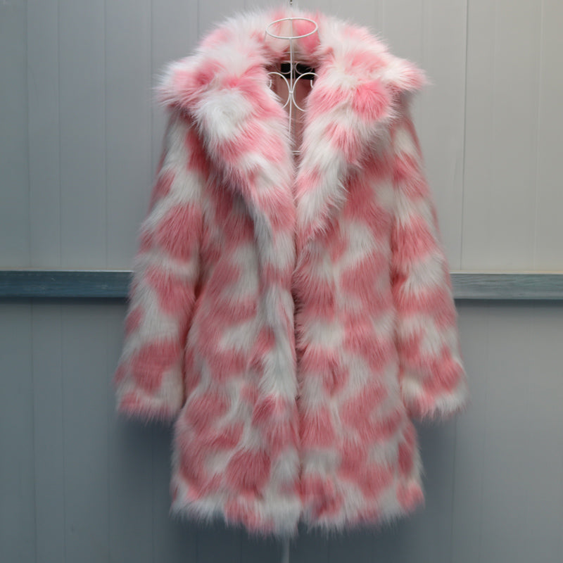 Tie-Dye Faux Fur Pink/Green Women's Turn-Down Collar Streetwear Coat to 6X Plus Size