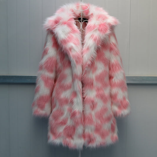 Tie-Dye Faux Fur Pink/Green Women's Turn-Down Collar Streetwear Coat to 6X Plus Size