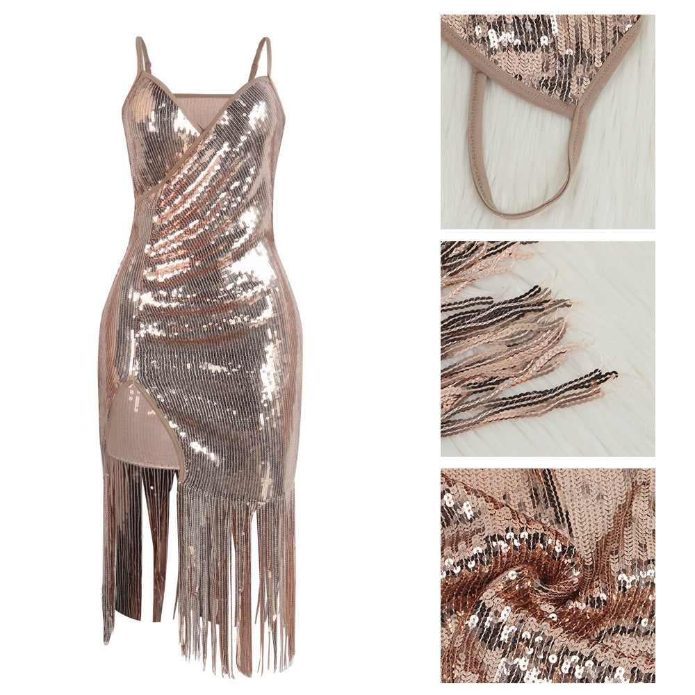 Sparkling Metallic Sequin Tassel Fringe Design V-Neck High Side Slit Formal Mini Party Dress